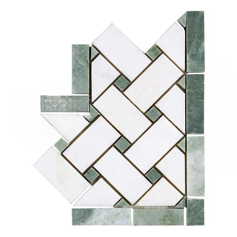 Thassos White Marble Border Corner with Ming Green Dots