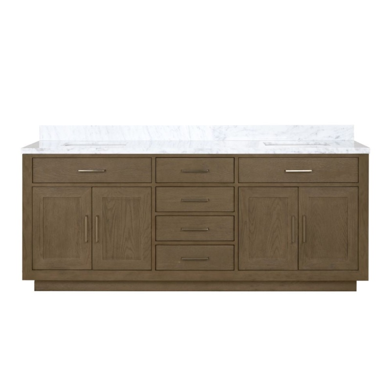 Abbey Grey Oak Wood Freestanding Double Sink Bathroom Vanity With Carrara Marble Top - 80" - Grey Oak