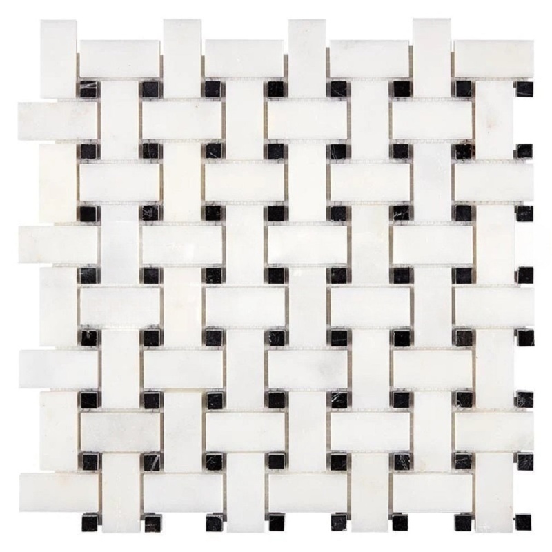 Afyon White Marble Mosaic - Basket Weave With Black Dots - Polished
