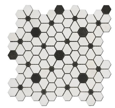 Thassos & Black Waterjet Marble Mosaic - Flower Field - Polished