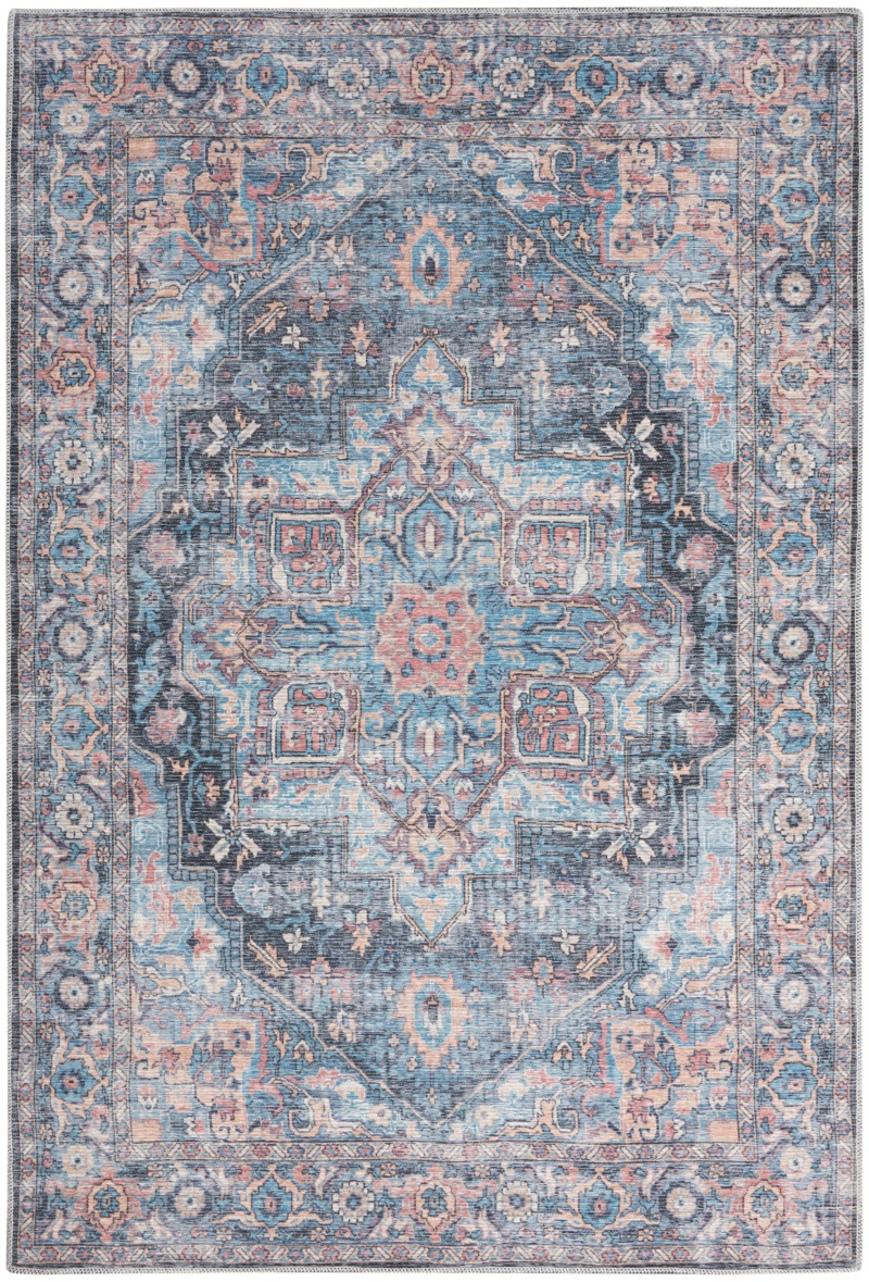 Machine Washable Series 1 Sr101 Light Blue Multi Cotton Blend Vintage Area Rug - 5 Ft X 7 Ft
