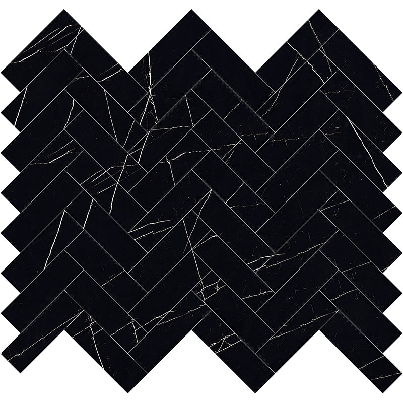 Arya Nero Marquina Porcelain Mosaic - 0.9" X 3" Herringbone - Polished