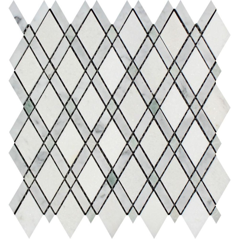 Thassos White Marble Mosaic - Lattice With Ming Green & Carrara