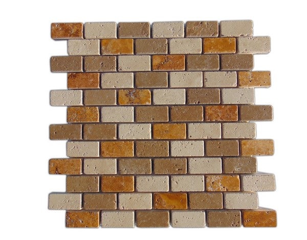 3 Color Mixed Travertine Mosaic - 1" X 2" Brick