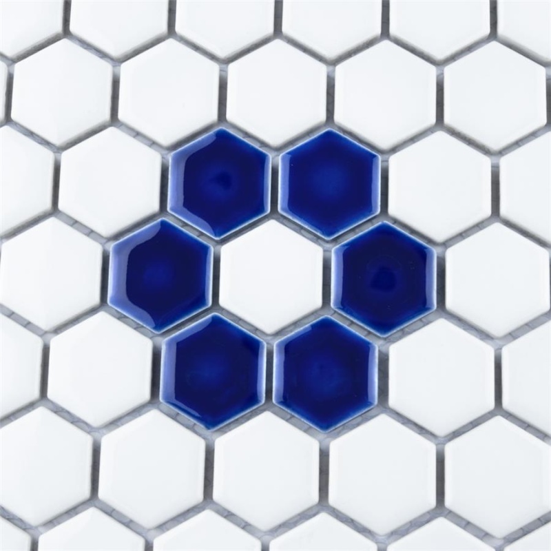 Metro Sapphire Single Flower With White Porcelain Mosaic - 1'' Hexagon - Glossy