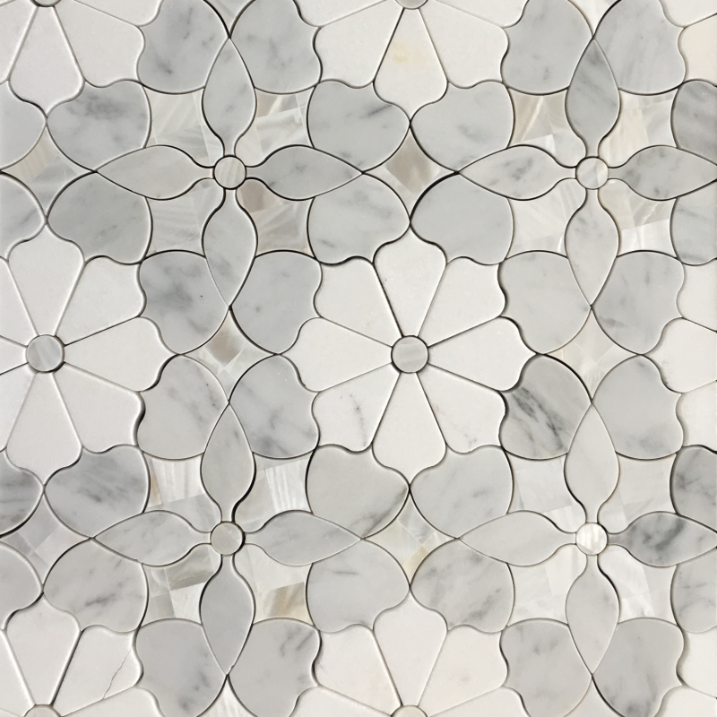 Thassos, Carrara, Mother of Pearl & Marble Dahlia Mosaic – Polished