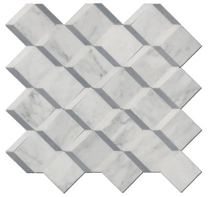 Carrara & Blue Waterjet Marble Mosaic - 3D Cubes - Polished