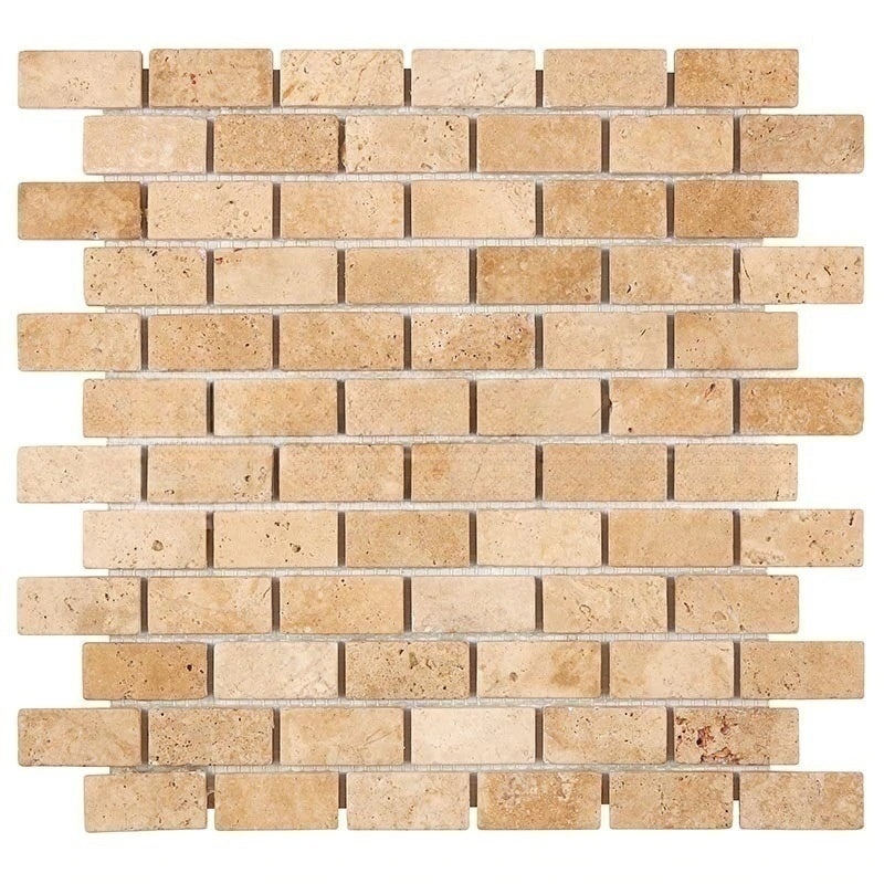 Walnut Cross Cut Travertine Mosaic - 1" X 2" Brick - Tumbled