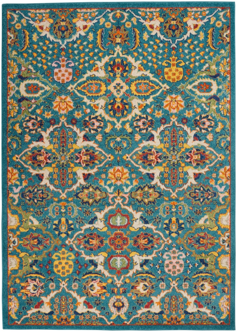 Turquoise Ivory Bohemian Area Rug 6 Ft x 9 Ft