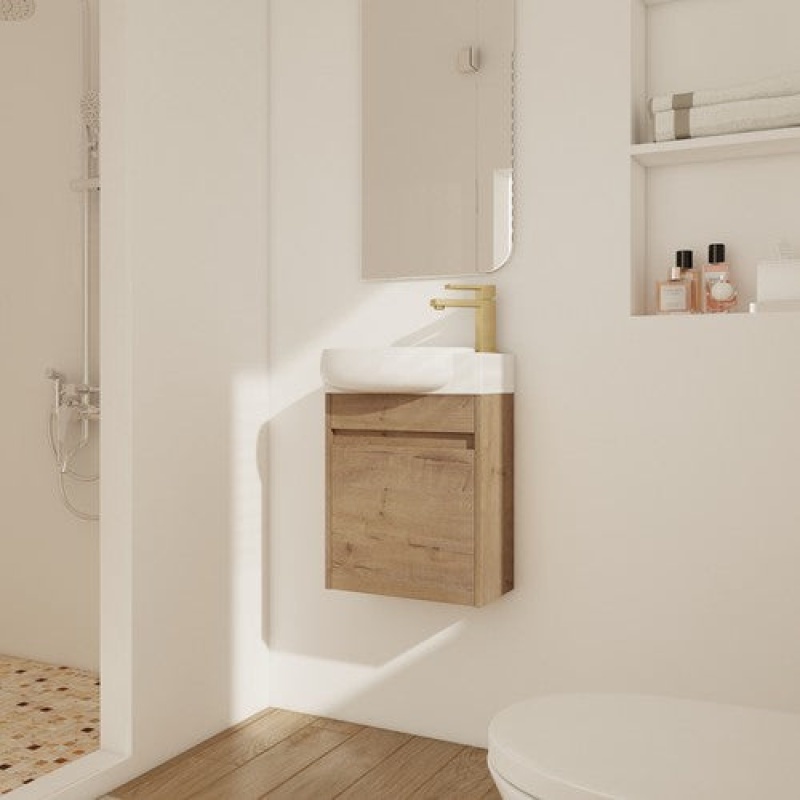 Imitative Oak Plywood Wall Mounted Single Sink Bathroom Vanity With Ceramic Top - 11.6" (Assembly Required) - Imitative Oak