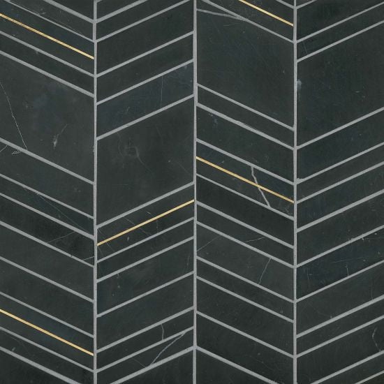 Ferrara Nero With Brass Marble Mosaic - Chevron - Honed