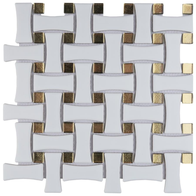 Metro Dog Bone White With Gold Glass Dot Porcelain Mosaic - Basket Weave - Mixed