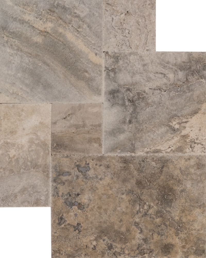 Nordic Silver Travertine Versailles Pattern - Chiseled & Brushed - Various Sizes