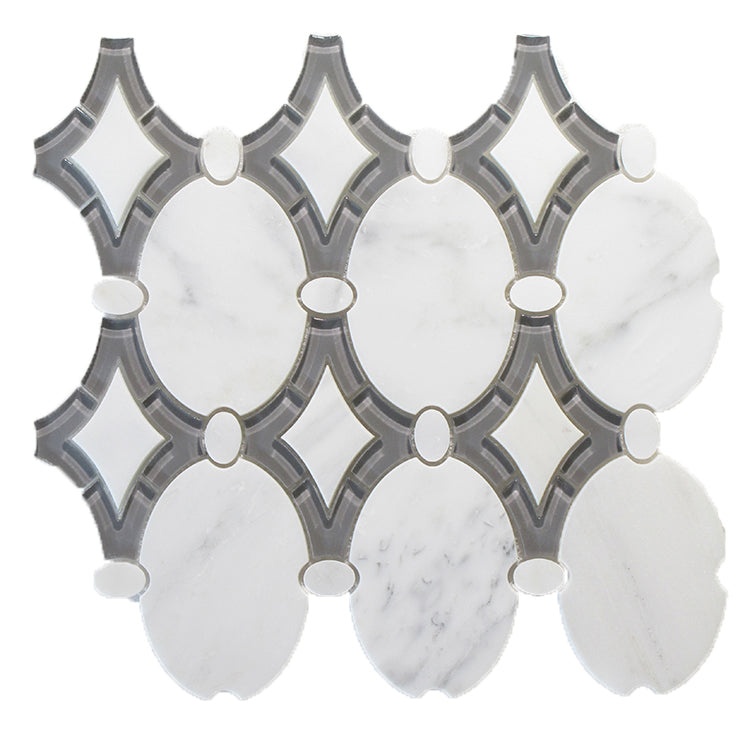Antique Oriental White & Clear Grey Marble & Glass Mosaic