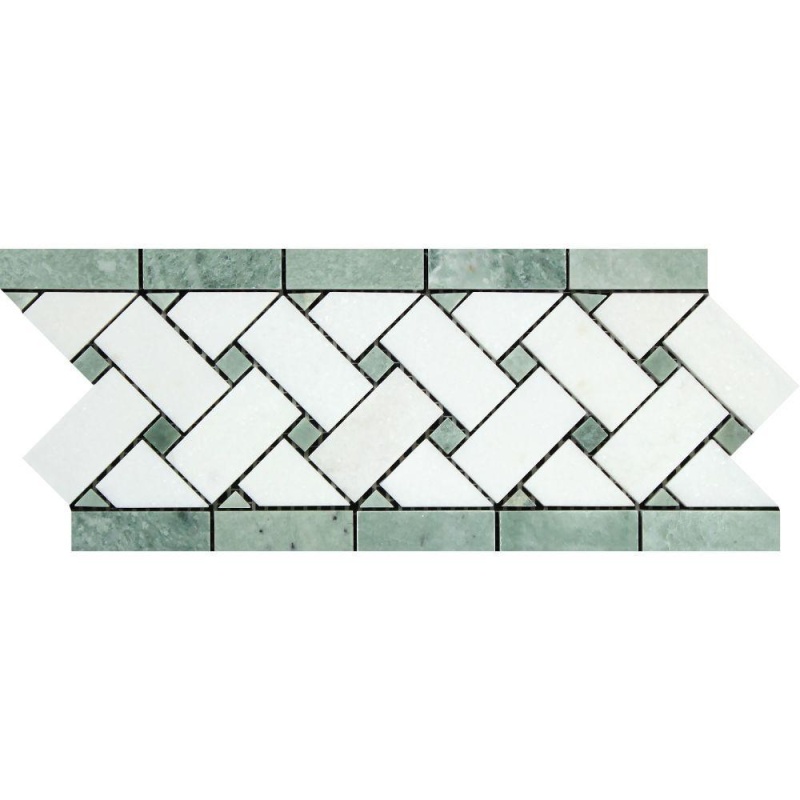 Thassos White Marble Border - 4 3/4" X 12" Basket Weave Border With Ming Green Dots