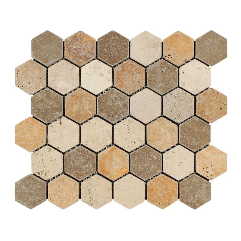 3 Color Mixed Travertine Mosaic - 2" Hexagon - Tumbled, Per Pack: 20 Sheets