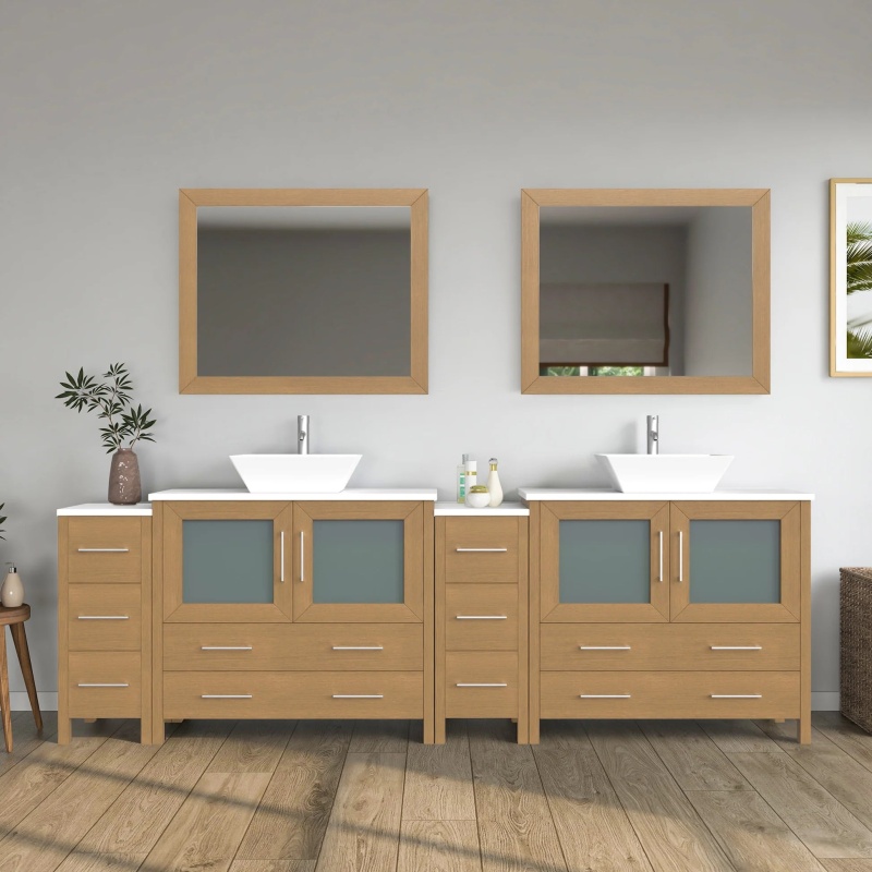 Cvc Natural Oak Solid Wood With White Engineered Marble Top And Mirror Cvc36 Bathroom Cabinet - 96" X 18.5" X 36" - Natural Oak