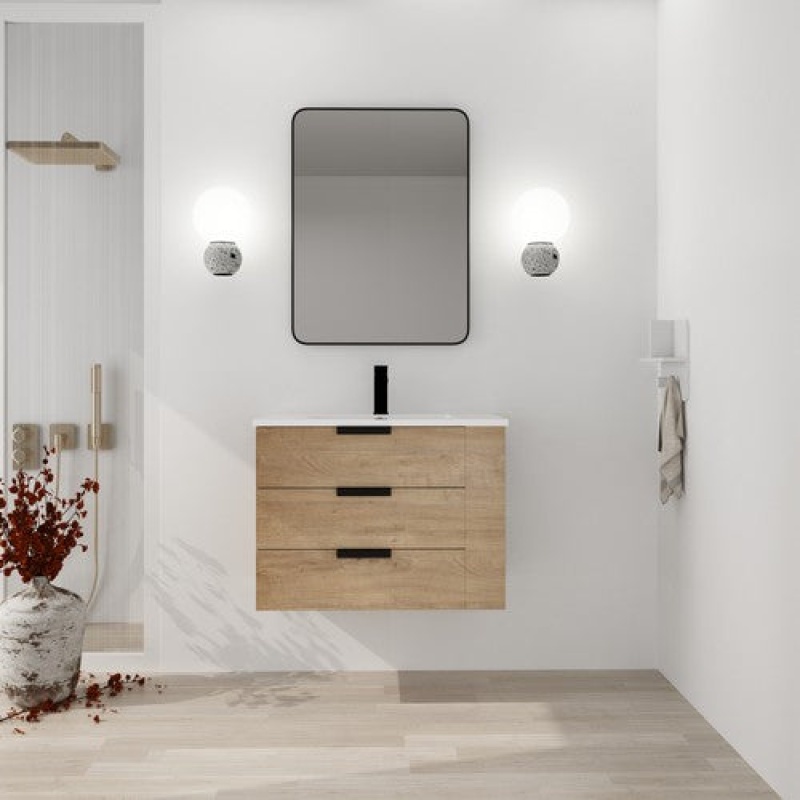 Imitative Oak Wall-Mounted Single Sink Bathroom Vanity