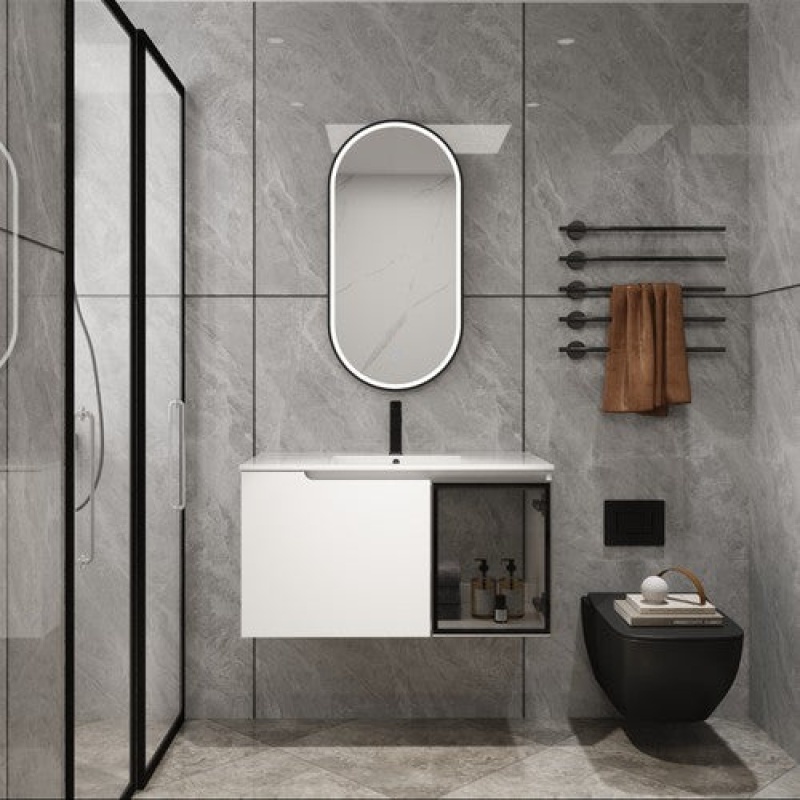 Glossy White Plywood Wall Mounted Single Sink Bathroom Vanity With Ceramic Top - 18.31" (Assembly Required) - Glossy White