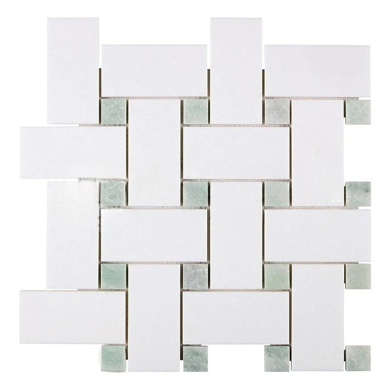 Thassos White Marble Mosaic - Large Basket Weave With Ming Green Dots