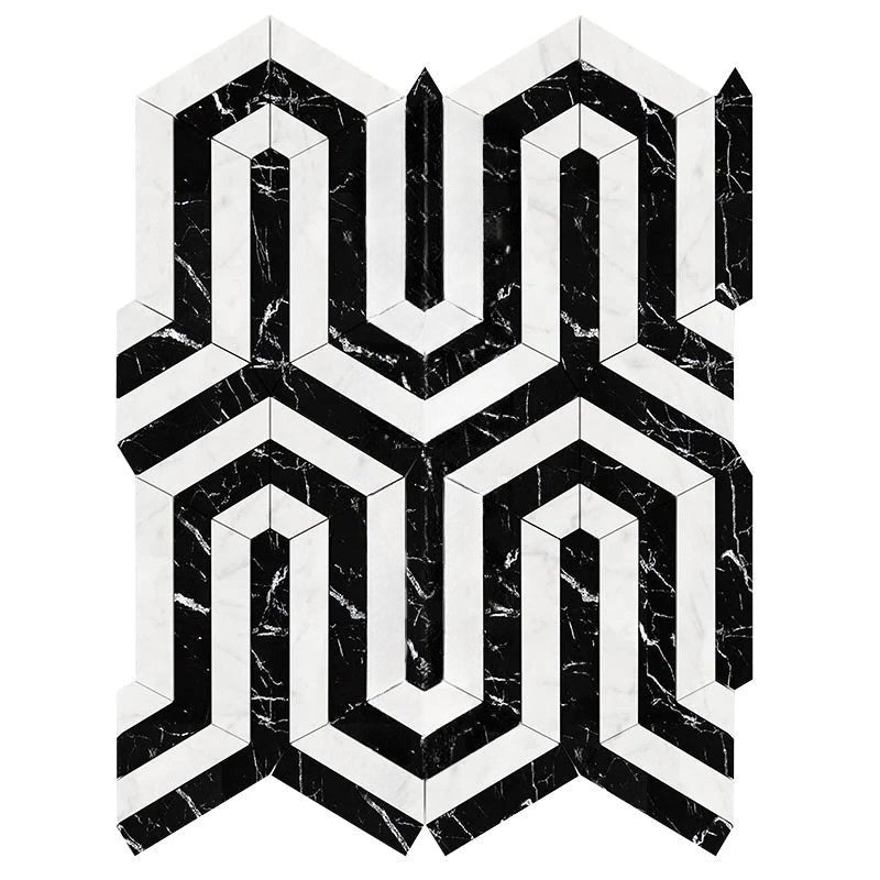 White Carrara Marble Mosaic - Berlinetta Design With Black