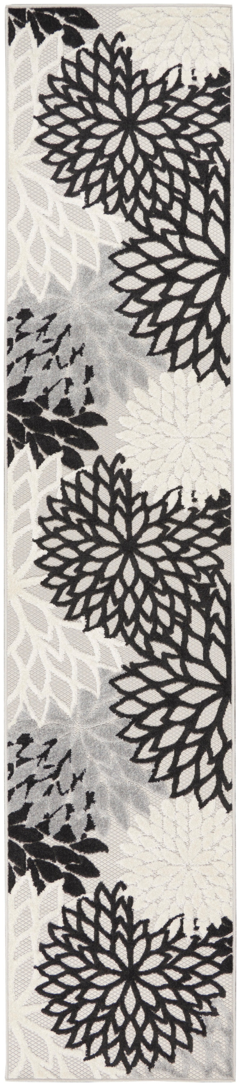 Aloha Black White Polypropylene Tropical Area Rug Runner