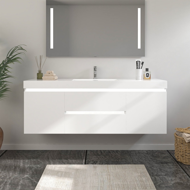 White Wood Vanity Top With Light - 60" X 20" - White