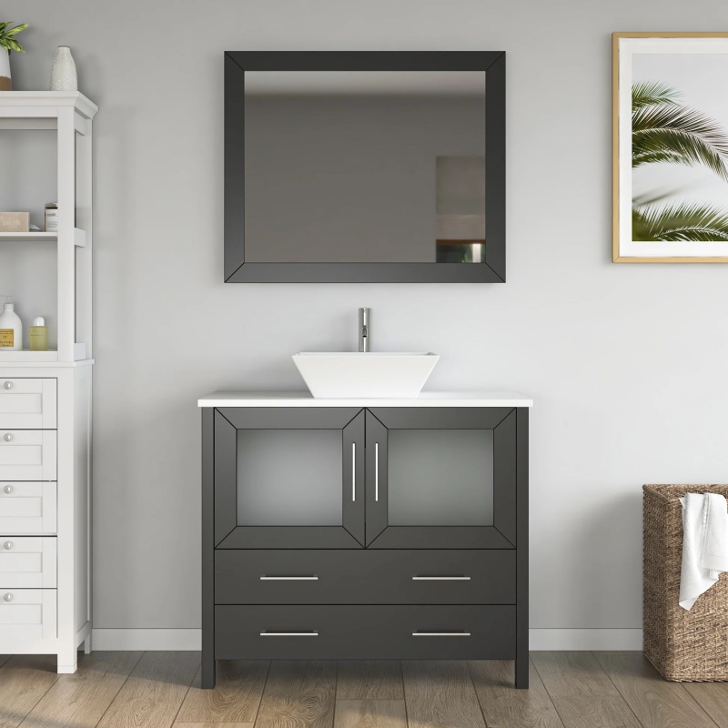 Cvc Espresso Solid Wood With White Engineered Marble Top And Mirror Cvc36 Bathroom Cabinet - 36" X 18.5" X 36" - Espresso