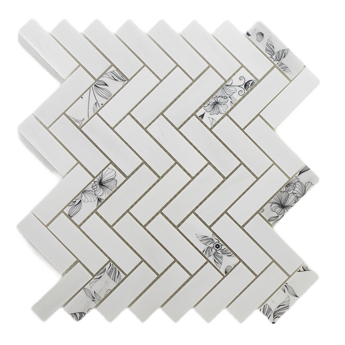 Bianco Dolomite Marble Mosaic - 1" X 3" Herringbone With Black Flower - Honed