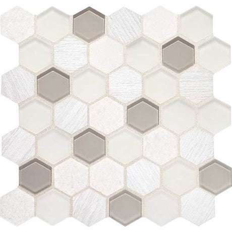 Idyllic Blends Tranquil Snow Glass, Stone, & Lvt Mosaic - 2" Hexagon - Honed, Per Pack: 11.4 Enter Quantity In Sqft