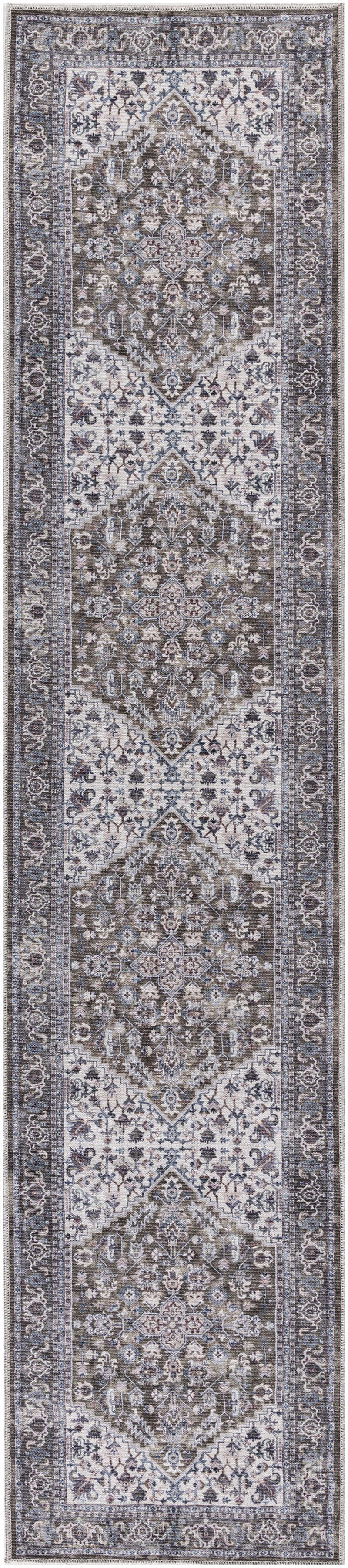 Machine Washable Olive Ivory Vintage Runner Rug