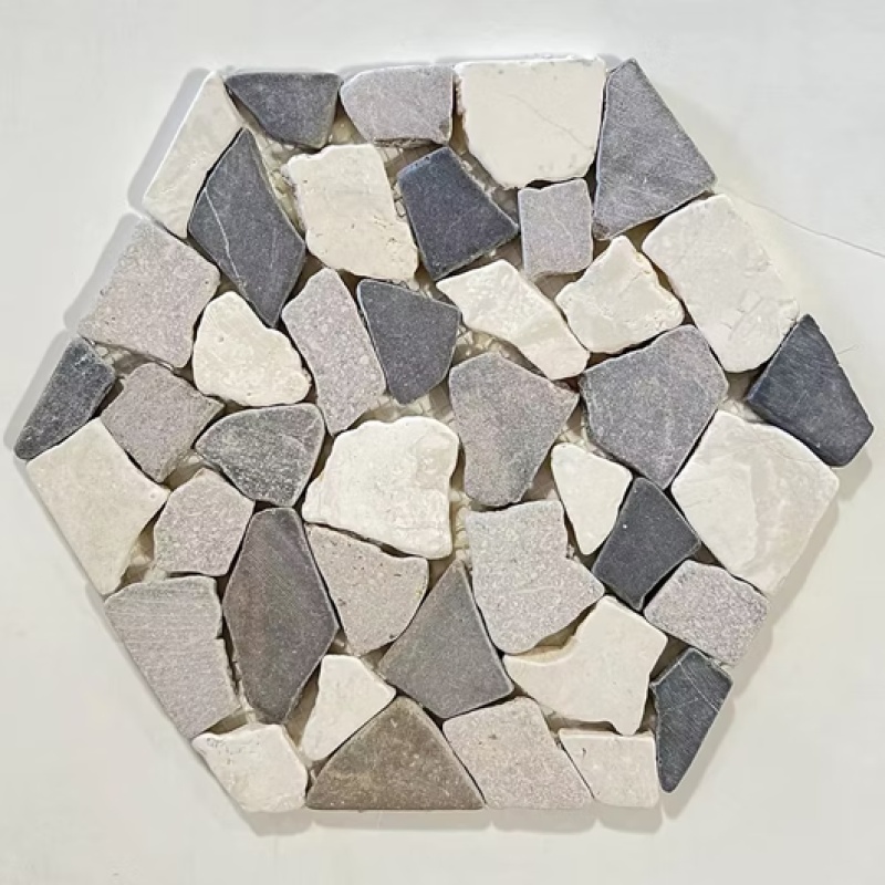 White & Light Grey Marble Mosaic - 6" Hexagon - Honed