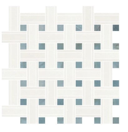 Thassos White Marble Mosaic - Triple Weave With Blue/Gray Dots
