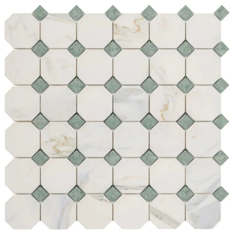Calacatta Gold Marble Mosaic - Octagon With Ming Green Dots