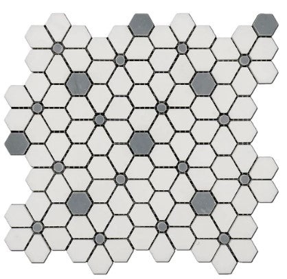Thassos & Blue Waterjet Marble Mosaic - Flower Field - Polished