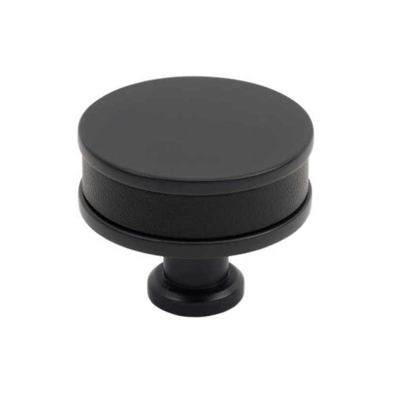 Fairlane Zinc & Leather Cabinet Knob - Black Leather / Matte Black