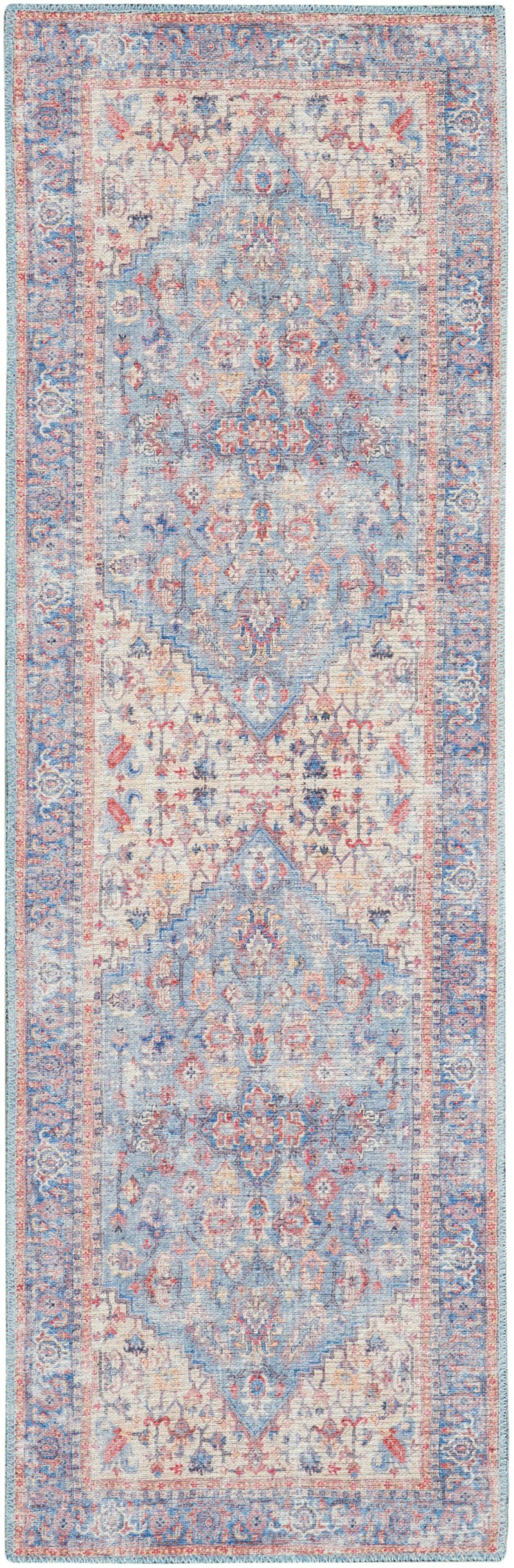 Machine Washable Series 1 Sr104 Blue / Multi Cotton Blend Vintage Area Rug - 8 Ft Runner
