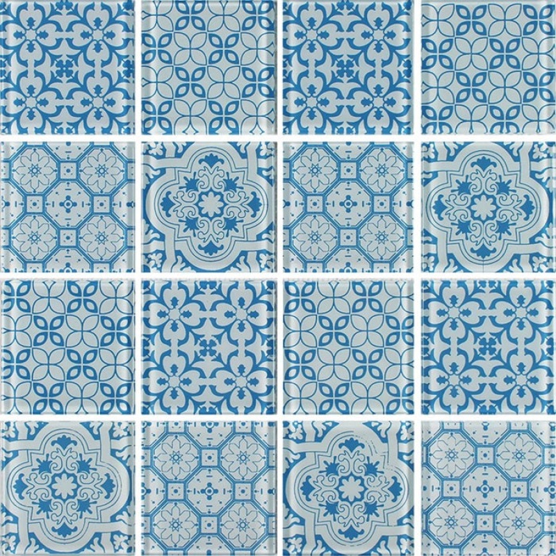 Aquatica Patchwork Turquoise Glass Mosaic - 3" X 3" - Semi Gloss