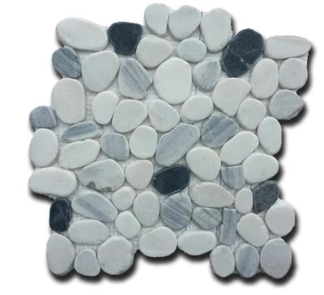 White/Black/Silver Jade Pebble Mosaic - 12" X 12" - Flat Tumbled