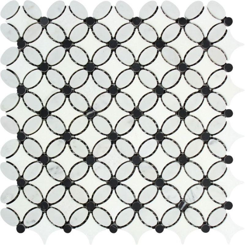 Thassos White Marble Mosaic - Flower With Black Dots