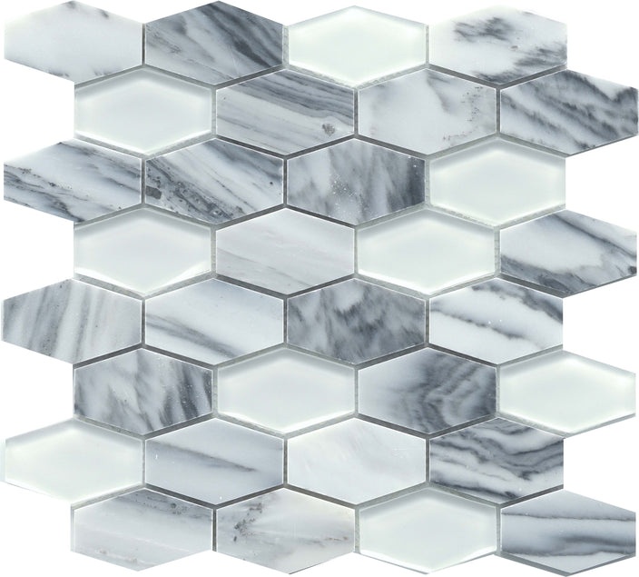 Vicenza White Marble & Glass Mosaic - Elongated Hexagon - Polished