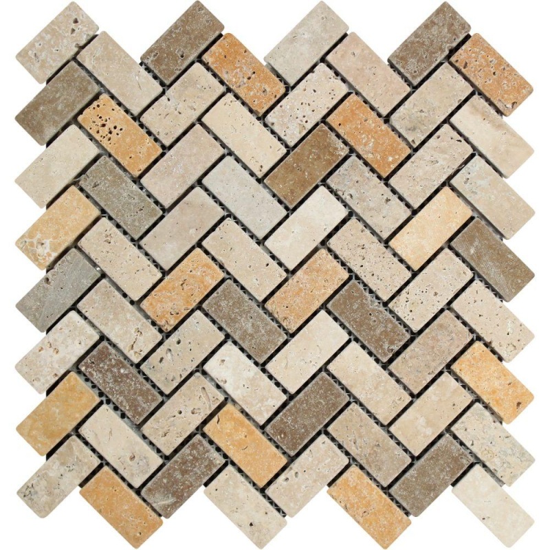 3 Color Mixed Travertine Mosaic - 1" X 2" Herringbone - Tumbled