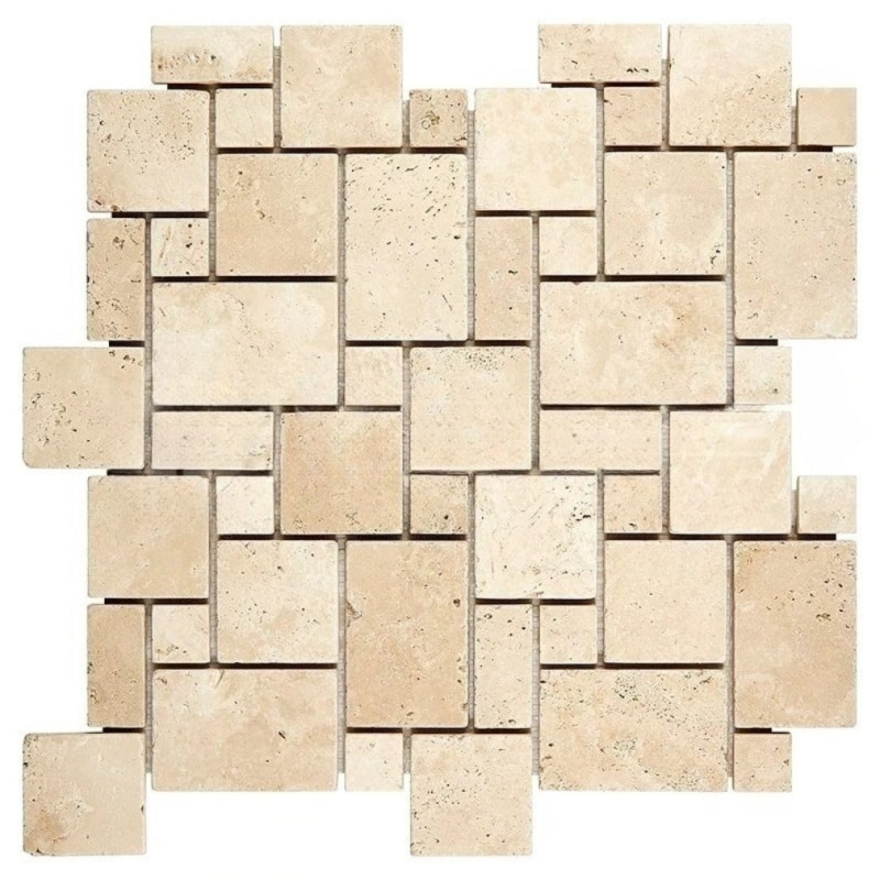 Ivory Cross Cut Travertine Mosaic - Mini Versailles Pattern - Tumbled