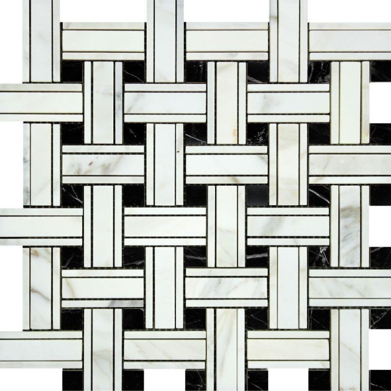 Calacatta Gold Marble Mosaic - Triple Weave With Black Dots