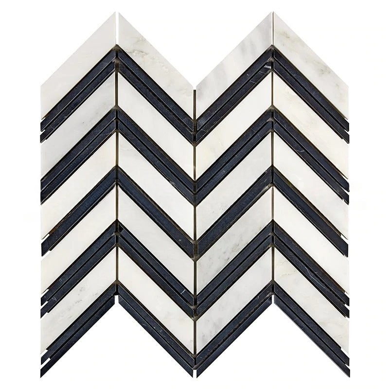 Oriental White Marble Mosaic - Large Chevron With Black