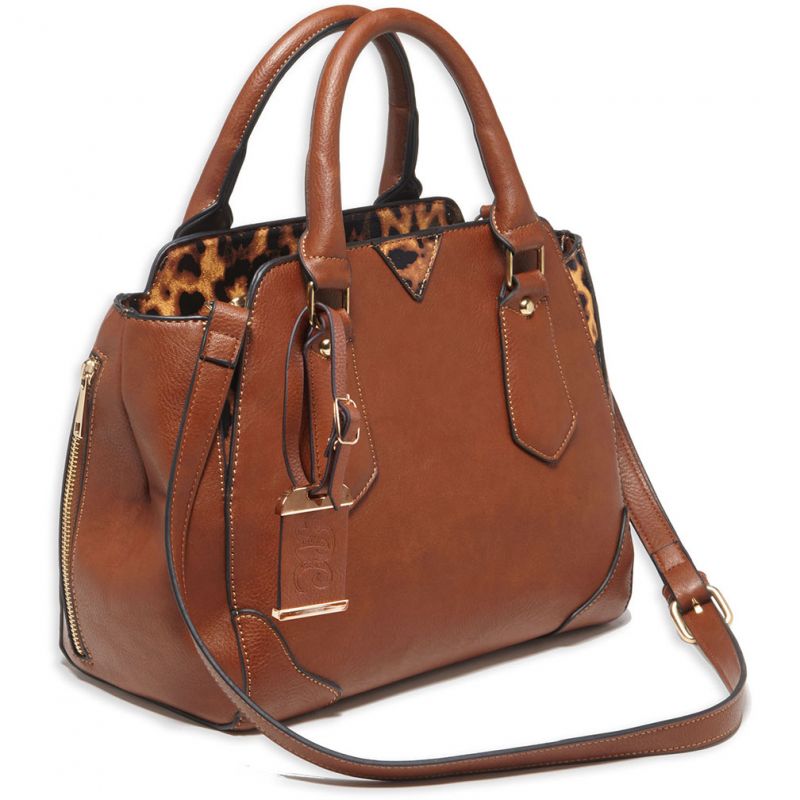 Bulldog Satchel Style Purse With Holster – Chestnut With Leopard Trim