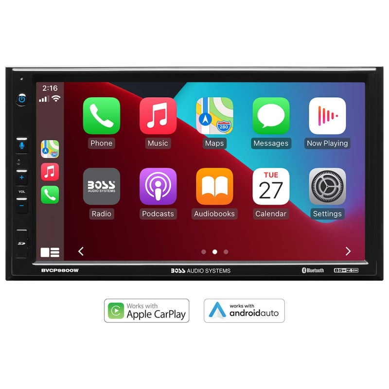 Boss 7″ Double Din Mechless Fixed Face Touchscreen Receiver With Apple Carplay/Android Auto, Bluetooth & Usb Inputs