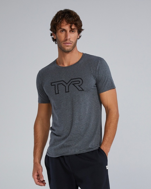 Tyr Men's Ultrasoft Lightweight Tri Blend Tech Tee - Big Logo, 255 Charcoal Heather, s