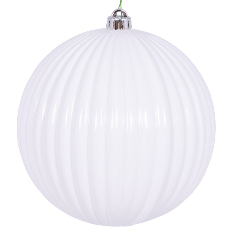 8" White Shiny Lined Ball Ornament