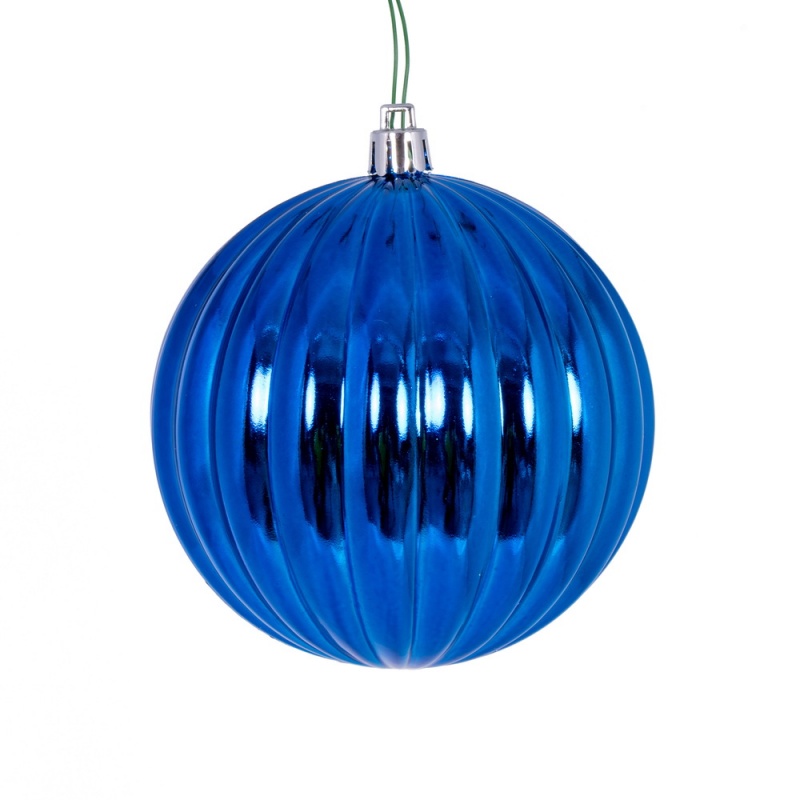 4" Blue Shiny Lined Ball Ornament 6/Bg